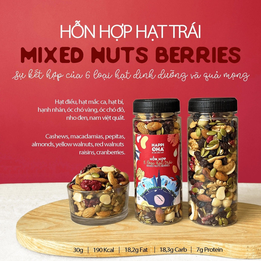 Hỗn Hợp Hạt Trái Mixed Nuts Berries - 8 Loại Hạt Và Quả Mọng Happi Oha (hũ 300g)